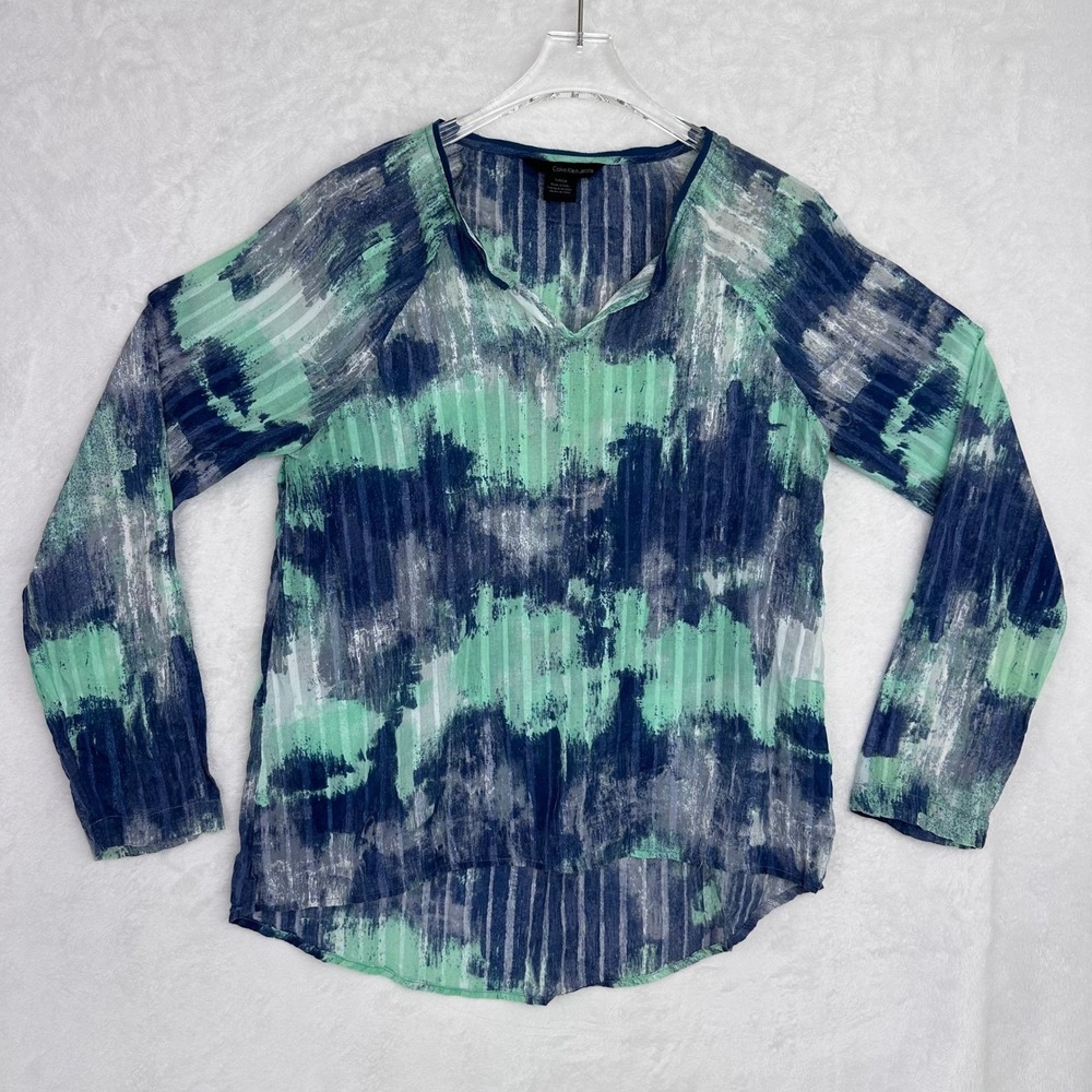Calvin Klein Jeans Womens Blue Green Abstract V Neck Long Sleeve Sheer Top Small